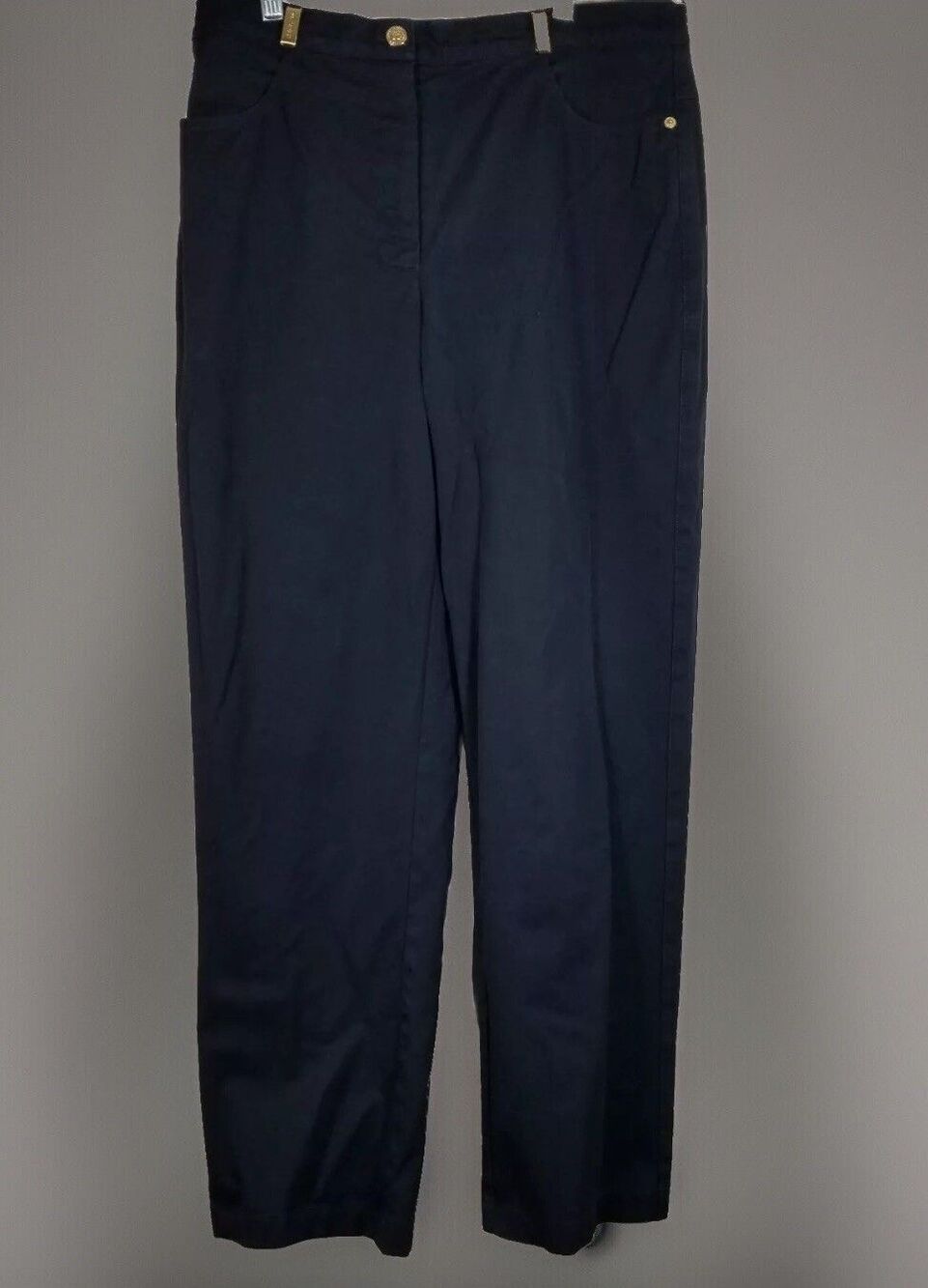 St.John Pants Women 12  Navy Stretch Cotton Gold Hardware Trouser Marie Gray